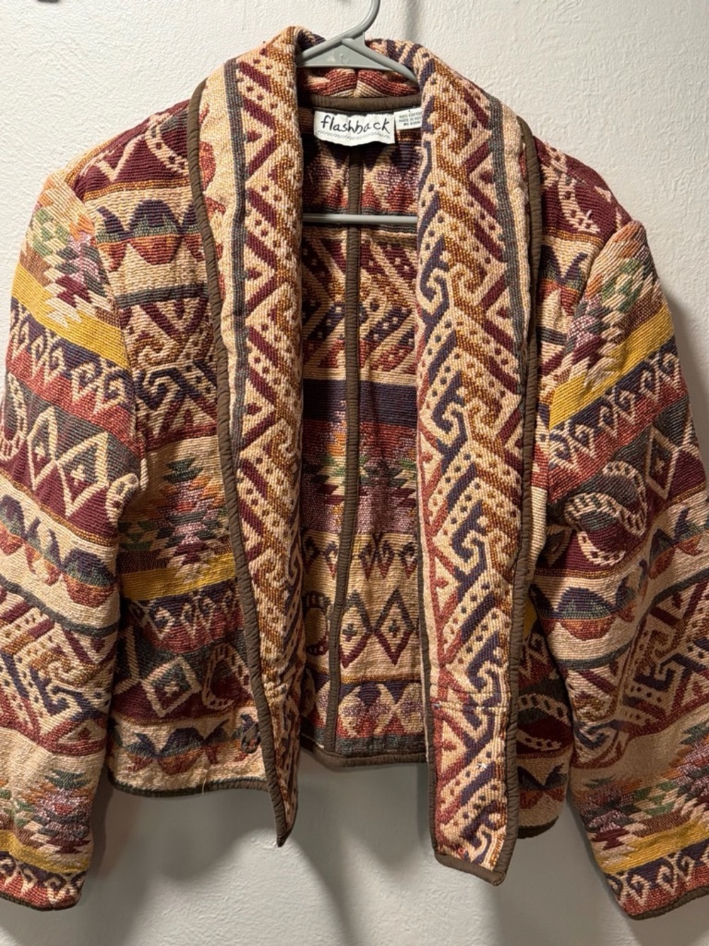 Vintage Flashback Multicolor Aztec Shawl Collar Jacket - Tan/Burgundy